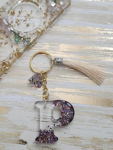 Rayna Magic Initial Resin Keychain A-Z: Handmade Gift for Women, Girls, Girlfriend, Wife, Mom, Daughter, Sister, Best Friend (P) in Saudi Arabia