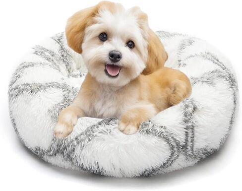 Dog Bed for Indoor, Faux Fur Calming Dog & Cat Bed 24' Anti-Anxiety Donut Soft Plush Cushion for Small Medium Dogs & Cats with Slip-Resistant Bottom (Grey+White) in Saudi Arabia