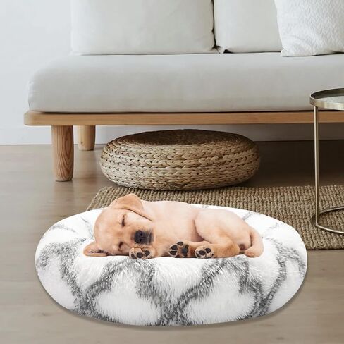 Dog Bed for Indoor, Faux Fur Calming Dog & Cat Bed 24' Anti-Anxiety Donut Soft Plush Cushion for Small Medium Dogs & Cats with Slip-Resistant Bottom (Grey+White) in Saudi Arabia