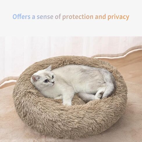 Dog Bed for Indoor, Faux Fur Calming Dog & Cat Bed 24' Anti-Anxiety Donut Soft Plush Cushion for Small Medium Dogs & Cats with Slip-Resistant Bottom (Grey+White) in Saudi Arabia