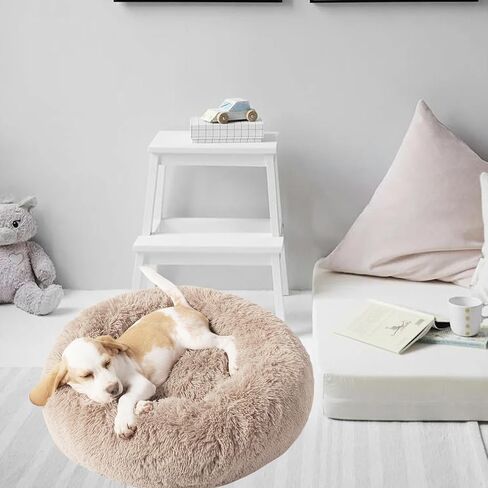 Dog Bed for Indoor, Faux Fur Calming Dog & Cat Bed 24' Anti-Anxiety Donut Soft Plush Cushion for Small Medium Dogs & Cats with Slip-Resistant Bottom (Grey+White) in Saudi Arabia
