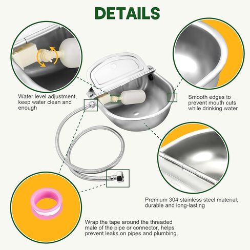 موزع وعاء مياه أوتوماتيكي من الفولاذ المقاوم للصدأ من MAOPINER، وعاء مياه شرب للكلاب، موزع مياه لحوض المياه للماشية، حوض ذاتي التعبئة مع صمامات تعويم وخرطوم أنابيب (بدون فتحة تصريف) in Kuwait