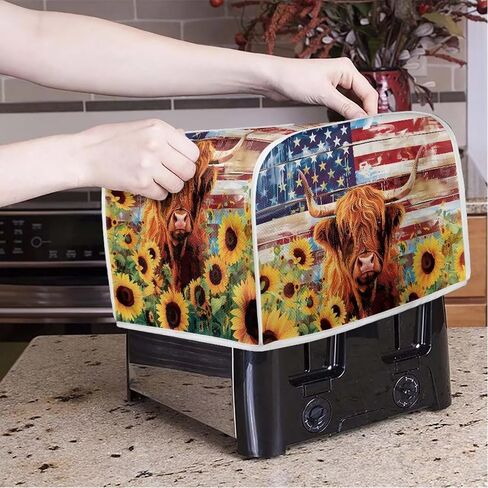 American Flag Toaster Cover 2 Slice Wide Slot, Highland Cow Sunflower Print Bread Maker Cover Toaster Covers, Washable Stain Resistant Small Appliance Cover, Yellow in Kuwait