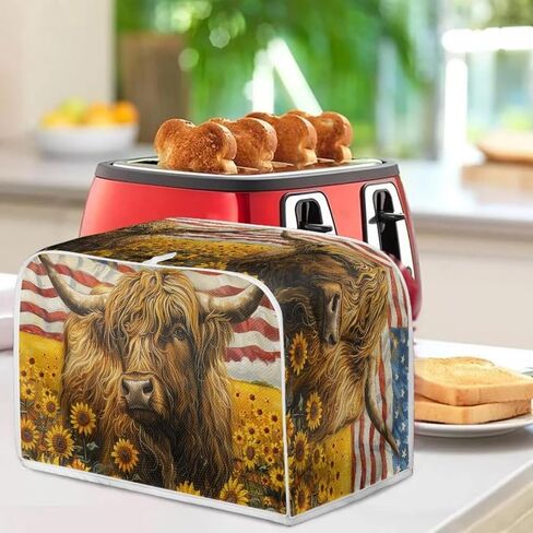 American Flag Toaster Cover 2 Slice Wide Slot, Highland Cow Sunflower Print Bread Maker Cover Toaster Covers, Washable Stain Resistant Small Appliance Cover, Yellow in Kuwait