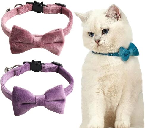 2 Pack Breakaway Cat Collars with Bell and Bowtie Comfortable Velvet Cat Collar with Cute Safety Buckle Adjustable Pet Collar for Kitty Kitten Puppy Neck Accessories for Daily Wearing Kitten in Saudi Arabia