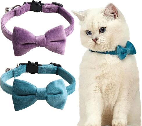 2 Pack Breakaway Cat Collars with Bell and Bowtie Comfortable Velvet Cat Collar with Cute Safety Buckle Adjustable Pet Collar for Kitty Kitten Puppy Neck Accessories for Daily Wearing Kitten in Saudi Arabia