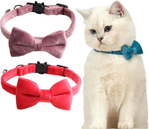 2 Pack Breakaway Cat Collars with Bell and Bowtie Comfortable Velvet Cat Collar with Cute Safety Buckle Adjustable Pet Collar for Kitty Kitten Puppy Neck Accessories for Daily Wearing Kitten in Saudi Arabia