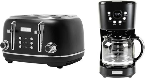 Haden 4 Slice Wide Slot Toaster with Removable Crumb Tray and 12 Cup Programmable Retro Coffee Maker Machine Kitchen Appliance Set, Black/Chrome in Saudi Arabia