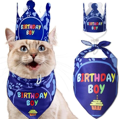 Cat Birthday Decorations - Cat Birthday Hat, Crown and Cat Birthday Bandana Boy, Kitten, Cat Birthday Gift, Outfit, Happy Cat Party Decor, Cat Products, Blue in Saudi Arabia