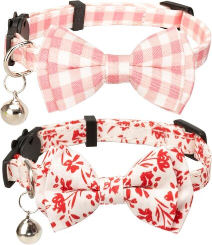 Cat Collar 2pcs Breakaway Safety Bow Tie Bell Kitten Pet Plaid Floral Flower Male Female [2pcs] Green in Saudi Arabia