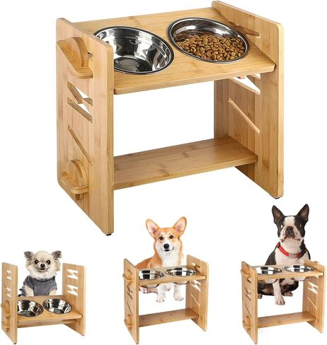 أوعية مرتفعة للكلاب المتوسطة، وعاء طعام مرتفع للكلاب مع 7 ارتفاعات قابلة للتعديل من 4 إلى 13 بوصة، زاوية مائلة 15 درجة، حامل خشبي قوي مع وعاءين عميقين من الفولاذ المقاوم للصدأ 700 مل، أقدام مضادة للانزلاق in Kuwait