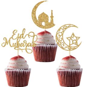 12pcs Gold Glitter Eid Mubarak Cupcake Toppers,Ramadan Kareem Decorations Topper,Star Moon Lantern Castle Theme Muslim Islamic Party Decors,Eid Festival Celebration Party Supplies