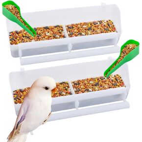 2 Pcs Bird Plastic Double Slot Feeder, Pigeon Food and Water Feeder Cup, Cage Standing Frame Feeder with 2 Plastic Food Spoon