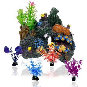 PINVNBY Aquarium Coral Reef Decor Resin Fish Tank Decorations Rock Mountain Cave Ornaments for Goldfish Betta Fish Sleep Rest Hide Play Breed with 4 PCS Aquatic Plants