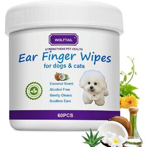 Dog Ear Wipes for Dogs & Cats, Pet Ear Cleaner Wipes - Gently Remove Ear Wax, Debris - Sooths & Deodorizes - Relieve Ear Itching & Inflammation, Fresh Coconut Scent, All Natural - 60 Count