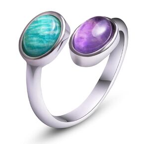 Amazonite Amethyst Ring, Natural Gemstone Rings for Women, Adjustable Silver Two Stone Ring Gifts for Toi Et Moi Ring. (amethyst)