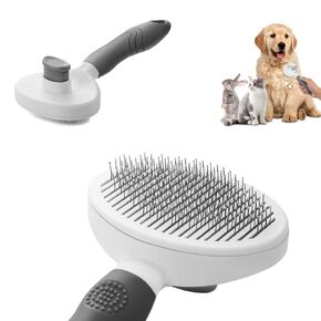 cat brush with release button,self-cleaning pet brush,cat brush&dog brush, small dog brush,Easy removes loose undercoat and smoothes hair, fine needle (Grey)