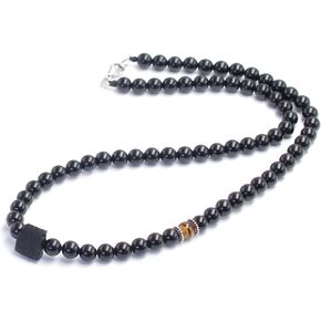 Obsidian Crystal Mens Bead Necklace, Natural Black Tourmaline Crystal Tiger Eye Beaded Gemstone Necklace, Handmade Stone Pendant Amulet Protection Jewelry Birthday Christmas for Men Onesmek in Kuwait