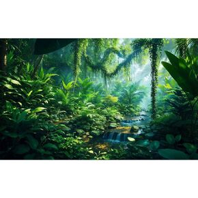 Aquarium Background Fantasy Jungle Plants Waterfall Background Tropical Rainforest Terrarium Background Stream Sunlight Green Leaves Reptile Habitat Background Natural Landscape Backdrop 24x16in