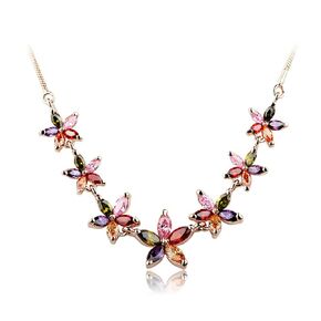 Multi Colored Gem Floral Necklace for Women, Multi Gemstone Flower Necklaces for Mom, 18K Rose Gold Plated Chain Cubic Zirconia Crystal Pendant Jewelry Gifts for Birthday Mother Day Anniversary