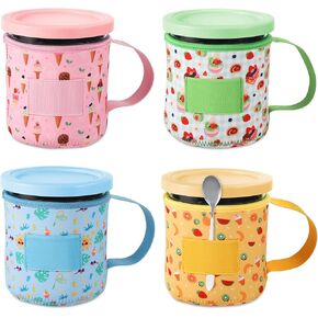4pcs Ice Cream Neoprene Sleeves, Prints Reusable Insulated Ice Cream Pint Sleeve Cover for Ninja Creami 24oz Ice Cream Maker Containers with Handle Spoon Holder (4 Styles)