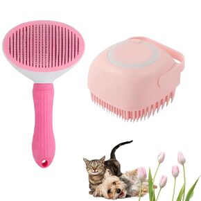 2pcs Dog Brush, Cat Brush, Dog Hair Brush, Pet Grooming Brush, Self-cleaning Slicker Brush ..AND.. Silicone Dog Bath Brush, Pet Hair Removal Tool for Long-haired Short-haired Dogs (Blue Yellow)