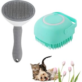 2pcs Dog Brush, Cat Brush, Dog Hair Brush, Pet Grooming Brush, Self-cleaning Slicker Brush ..AND.. Silicone Dog Bath Brush, Pet Hair Removal Tool for Long-haired Short-haired Dogs (Blue Yellow) in Saudi Arabia