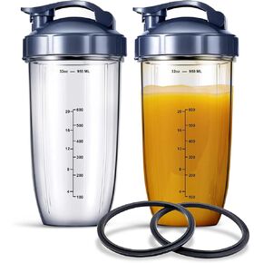 32oz Replacement Cups (2-Pack) for NutriBullet Blender with 2 Flip-Top To-Go Lid and 2 Rubber Gaskets Seal Rings Compatible with NutriBullet 900W & 600W Series