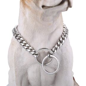 Loveshine Chain Dog Collar High Polished Silver Cuban Link Dog Chain Chain Collar Metal Stainless Steel Heavy Duty Dog Collars for Medium Dogs(15MM, 16")