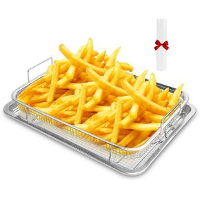 Air Fryer Basket for Oven, 12.8“ x 9.6“ Stainless Steel Crisper Tray and Pan with 30 PCS Parchment Paper, Stainless Steel Air Fryer Basket for Baking Grilling