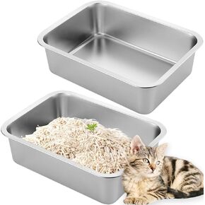 2 Pack Stainless Steel Cat Litter Box with High Sides, Metal Litter Box Non Stick Litter Pan and Pet Toilet for Cats, Kitten, Rabbits, 17.5 x 13.5 x 6 Inch