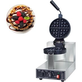 110V Commercial Waffle Maker, 1300W Round Belgium Waffles Iron Machine, Non-Stick Flip Belgian Waffle Maker Teflon-Coated Baking Pan Stainless Steel Body For Hotel Restaurant Bakery Coffee Shop