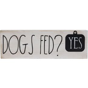 Dogs Sign Decor with Sayings- Dogs Fed? Yes/No,Black and White Wood With Metal Tag, Gifts for Dog Lover 15'' x 4.75''