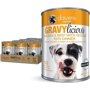 طعام Dave's Pet Food Gravylicous الناعم الرطب للكلاب الصغيرة والكبيرة (لحم الضأن مع الخضار)، طعام الكلاب المعلب الخالي من الحبوب، الفيتامينات والمعادن المضافة، القمح والخالي من الغلوتين، علب 12 أونصة (علبة بها 12) in Kuwait