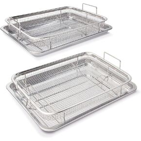 2 Set Air Fryer Basket for Oven,Stainless Steel Crisping Basket & Tray Set, Tray and Grease Tray Set Bacon Rack, Oven crisper for French fry/frozen food (2 Pack Rectangle 12.8x9.6 Inch)