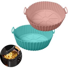 2 Pack Air Fryer Silicone Baking Tray 8inch for 3 to 5 Qt Reusable Non-stick Air Fryer Round Silicone Insert for Air Fryer Easy Cleaning Silicone Pot for Oven Accessories (Pink + Blue-Green)