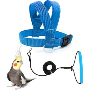 Bird Harness with Buckle Clip and A Leash Rope,Easy to Wear Outdoor Flying Kit for Bird Parrots Cockatiel S Size Weight 85-105 Grams,Blue