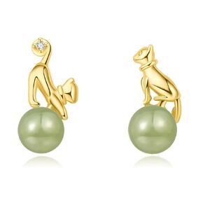 Natural Hetian Jade Stud Earrings, Cat Shape Jade Pendant Earrings Jewelry for Women, Green Lucky Jade Jewelry Gift for Mom Lover Her (925 Sterling Silver with Gold Plated)