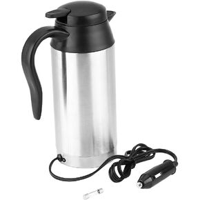 Car Electric Kettle, 750ml 120W 12V Car Stainless Steel Cigarette Lighter Heating Kettle Mug Electric Travel Thermoses Electric Heating Travel Kettle for Most 12V Power Source Cars 220x85mm