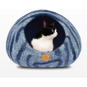 Large Wool Cat Cave Premium Felt Bed for Cats & Kittens Pet House Natural 100% Merino Wool Handmade Indoor Hideaway Eco-Friendly Cove 19 Inch Diameter Round Handcrafted Dome (Large Gray White)