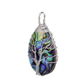 1.5" Teardrop Shaped Shell Abalone Charm Pendant Wrapped Tree of Life, Silver Wire