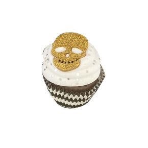 FAUX Glam Glitter GOLD SKULL Cupcake | Black and White Striped Liner | Nonedible Treat | Skeleton Halloween Home Decor | Fake Halloween Cupcake