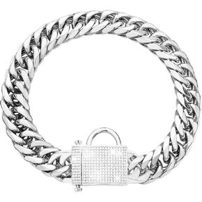 Silver Chain Dog Collar with Zirconia Buckle Stainless Steel Chain Collars Cuban Link Dog Collar Designer Bling Puppy Necklace (16mm, 10")