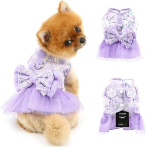 Dog Dress,Luxury Bow Princess Tutu Dresses for Girl Dogs Cute Fashion Mesh Pet Skirt with Sequins Flower Cat Puppy Clothes Wedding Party Outfits Chihuahua Apparel Button up D-Ring,Purple,S