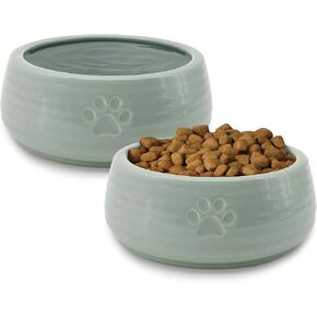 Ceramic Dog Bowls Set of 2, 6.3" Round x 2.4"-Tall Dog Bowls, Cute Food and Water Dog Bowl, Dog Dish Protect Cervical Spine, for Small Medium Dogs and Cats, Green