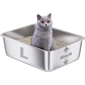 Extra Large Stainless Steel Cat Litter Box with High Sides,XXL Metal Kitten Litter Pan 23.6" x 15.7" x 7.9",Pet Cleaning Tool for Big/Fat Cats,Non Stick Smooth Surface, Easy to Clean