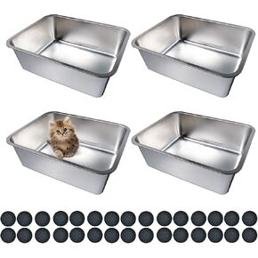 4 Pcs Large Stainless Steel Litter Box 17.7" X 13.8" X 5.9" Metal Cat Litter Box with 30 Pcs Non-Slip Gaskets Large Litter Pan for Cat Kitties No Smell Non Stick Pet Toilet Supplies