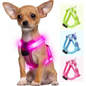 Light Up Dog Harness for Small Dogs Rechargeable, LED Dog Vest Harness, Adjustable Illuminated Glow in Dark Dog Harness for Puppy Night Safety Walking 360° True Illumination-Pink