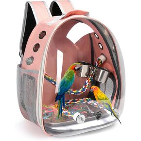 Bird Travel Backpack Carrier, Bird Cage for Small Medium Size Bird Parakeet Budgies Cockatiel, Space Capsule Clear Bubble Window with Stainless Steel Tray Food Bolw Standing Perch (Black)