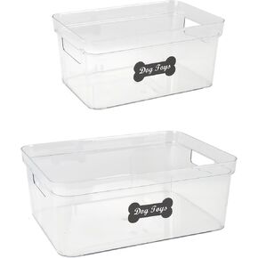 Set of 2 Dog Toy Bin,Dog Toy Box with Handle,Clear Dog Toy Basket,Puppy Dog Stuff organizer,Dog Storage Organizer for Dog Toys,Leashes,Treats,Grooming Supplies-Waterproof and Chewproof
